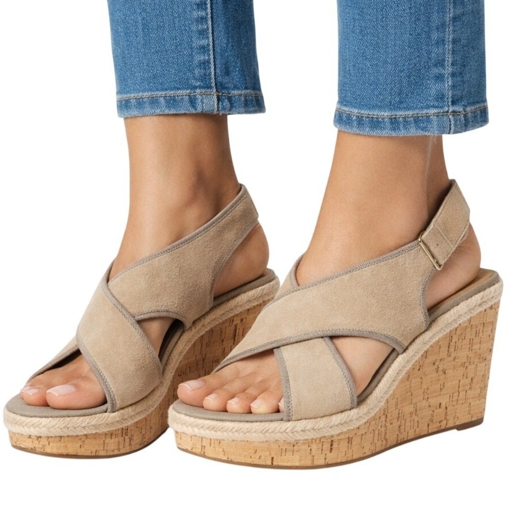 Franco Sarto Taylor Beige Suede Cork Wedge Espadrille Sandals Womens‎ 8.5M